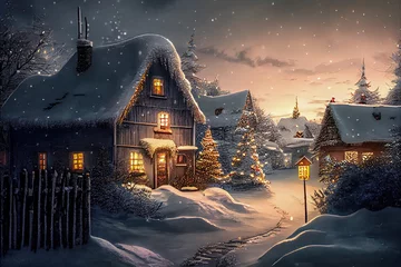 Foto auf Alu-Dibond Weihnachtliche Winterlandschaft Christmas Jahreszeit Dorf Berge Alpen Schnee Ländlich Ruhig Digital AI Art 3D Rendering Illustration © Korea Saii