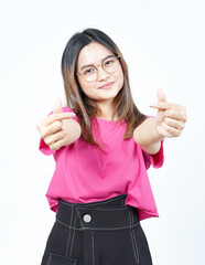 Showing Korean love finger Of Beautiful Asian Woman Isolated On White Background