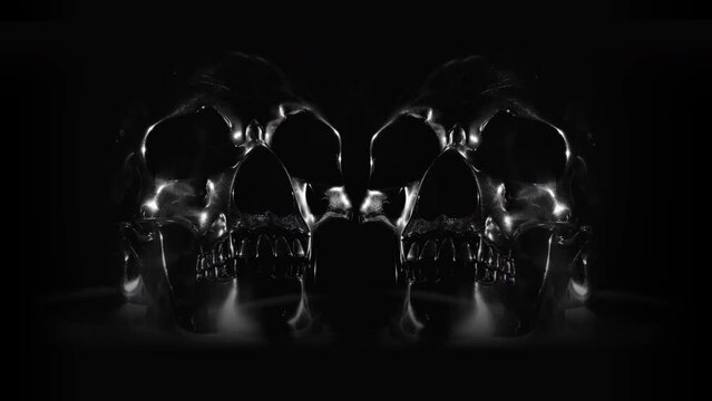 Two Silver Metal Skulls Rotating in Symmetry on Background