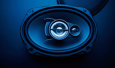 Fototapeta Black car sound speakers close-up on a black background, audio system, hard bass subwoofer obraz