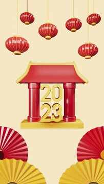 Chinese new year animation with gates, lanterns and fans 3d render.