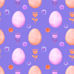 Easter, spring,  seamless pattern with easter eggs, flowers, leaves in folklore style. Watercolor illustrations with stylized decorative floral elements. For textiles, clothing, bed linen.