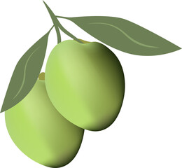 Two olives with leaves on green background and text in brown tones.