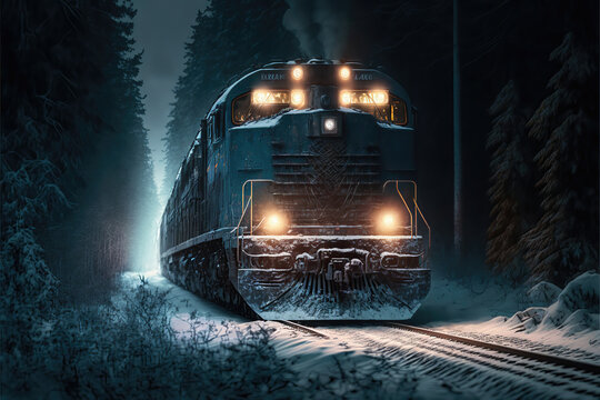 AI generated image of a beautiful winter forest scene with snow and a locomotive on the track at night