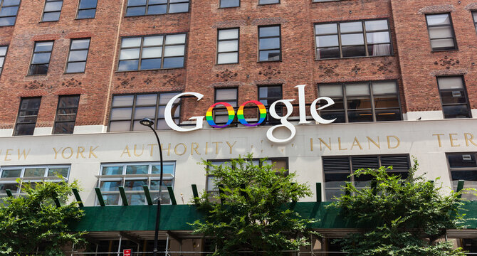 Exterior view of a Google headquarters building, NYC.