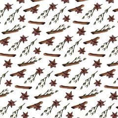 Pattern with cinnamon stick, cloves and herbs on a white background