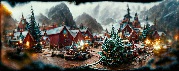 The Illustrated landscape of a small village during Christmas holidays under high mountains with white snow. New Years Eve and decorated houses with light lamps.