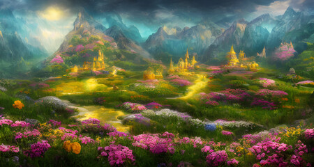 Fototapeta na wymiar Digital Illustration Mystical Magic Roses Field Landscape 