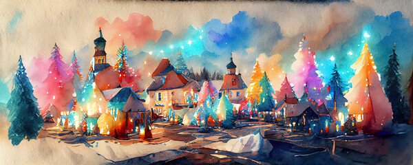 The Illustrated landscape aquarelle with water colors of a small village during Christmas holidays under mountains with snow. New Years day full of neon lights and colors.