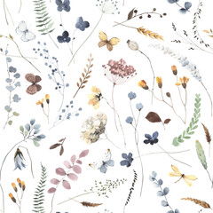 Watercolor floral seamless pattern in rustic garden style, colored isolated illustration, hand painting print with abstract butterflies, dragonfly, wildflowers, leaves and plants.