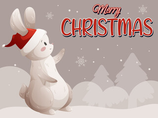 Holiday card, Merry Christmas letter with cartoon rabbit in hat on gray background