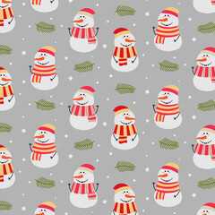Vector seamless pattern of happy snowmen. Festive wrapper illustration, holiday background