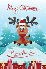 Postcard poster merry christmas and happy new year deer elk character with gift boxes