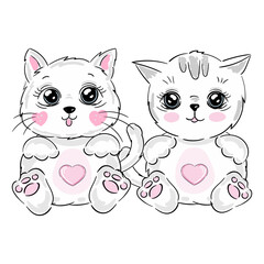 cute kitten friends kids print vector illustration