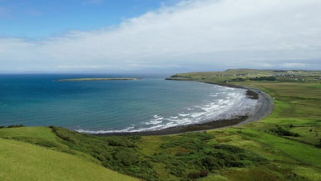 Staffinbay, Brogaig, isle of Skye, Portree, Scotland, United Kingdom, An Corran Beach aerial view, drone footage, Staffin Island,  Beach from above, 