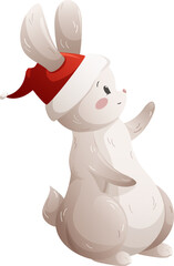 Cartoon rabbit in Santa Claus hat, hare, symbol of 2023 in full growth on transparent background
