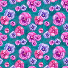 Seamless patterns Pansies watercolor flowers, botanical illustration for background, wallpaper, fabric