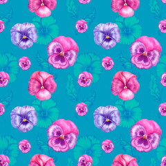 Seamless patterns Pansies watercolor flowers, botanical illustration for background, wallpaper, fabric