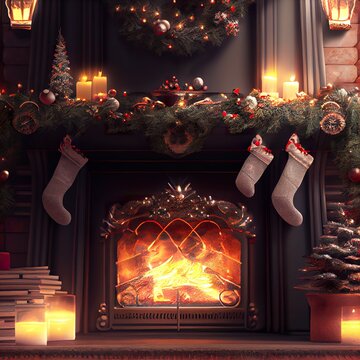 Holiday Family Home On Christmas Night Next To A Warm Fireplace Where The Fire Is Burning Under Decorations And Stocking Stuffers. Winter Cozy Dream 3D Illustration Background.