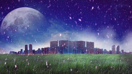 Naklejka premium city horizon with snowfall digital art ,type painting ,3d illustration , high definition , wallpaper