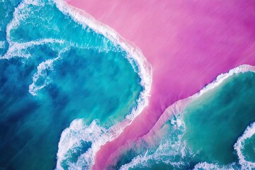 Obraz na płótnie Canvas An abstract coast of magical colors purple and blue and a wave hitting the sand. Tropical sea and vacation in Paradise. Flat lay 3D Illustration background.