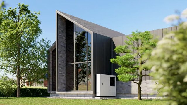 A modern barn house with a mezzanine, large windows, and a heat pump outside. Smooth camera transition with focus on the house