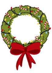 Christmas wreath with red bow. Holiday decorative element on the door, house, wall. The illustration is hand drawn.