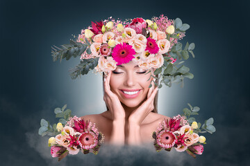 Creative pop art collage of happy lady nature princess touch silky pure skin face after flowers vitamins on dark background