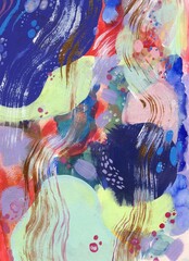 
Abstract background painted in acrylic by hand. Bright abstract composition with purple, yellow, blue, pink, white paint strokes. Background with streaks and stains and bronze strokes.