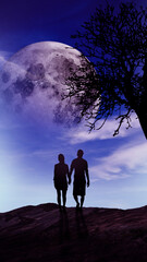 boy and girl walking  open sky and tree scene digital art ,type painting ,3d illustration , high definition ,  wallpaper