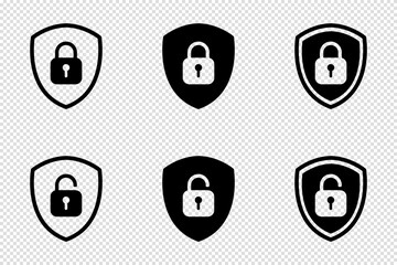 Set of Shield Lock and Unlock Icon. Symbol padlock. Vector sign Illustration.