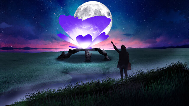 a girl at night time open field night sky digital art ,type painting ,3d illustration , high definition ,  wallpaper