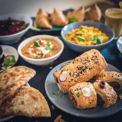 fried rice, samosa , salad, roti, with tea