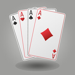 A fan of playing cards consisting of four black and red Ace of Spades, Diamonds, Clubs, Hearts. Vector illustration poker and casino of all the aces on a gray background.