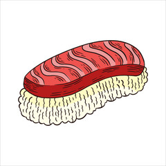 Tuna Maguro Sushi or Tuna On Rice Hand Drawn Illustration