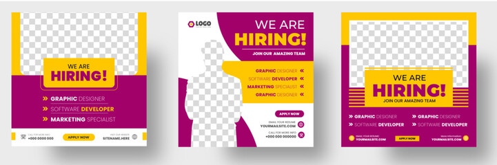 We are hiring job vacancy social media post banner design template with red color. We are hiring job vacancy square web banner design.