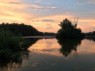 Mesmerizing shot of pinkish sunset at a lake,trees and shrubs around