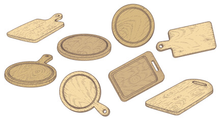 Cutting wooden boards set. Top view and perspective view. Various shapes. Vintage hand drawn sketch style. Vector illustrations.