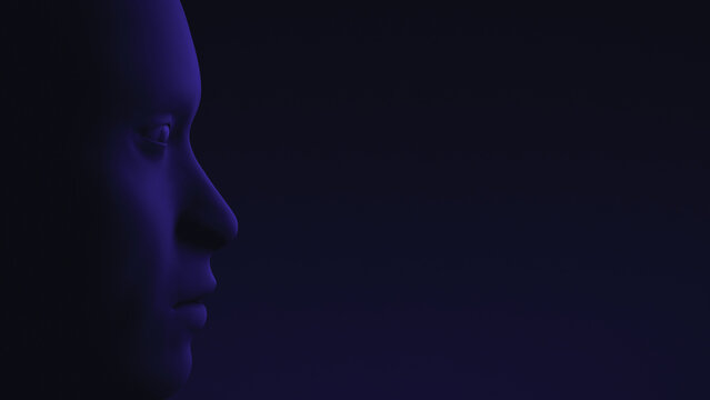 Facial portrait of a humanoid in profile. Close-up of the face. 3d illustration