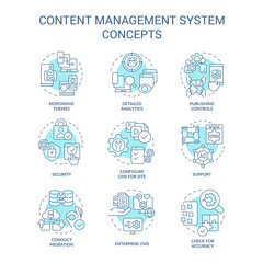 Content management system turquoise concept icons set. CMS aspects. Site platform idea thin line color illustrations. Isolated symbols. Editable stroke. Roboto-Medium, Myriad Pro-Bold fonts used