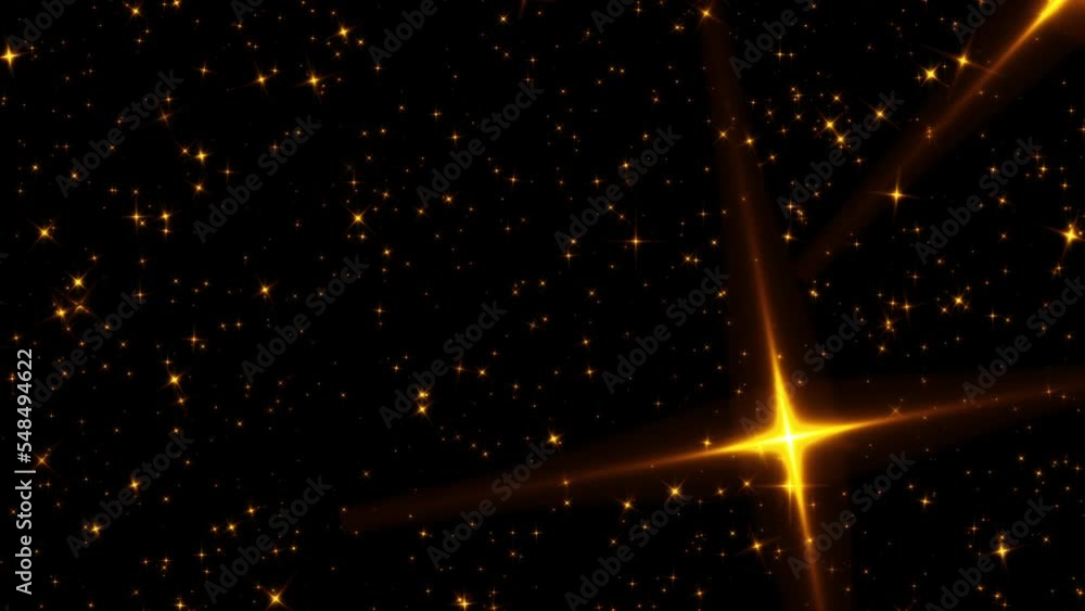 Poster 4k 3d seamless loop of shinny flickering orange gold stars animation on black abstract background. g