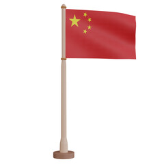3D rendering waving China flag on pole. PNG transparent background.