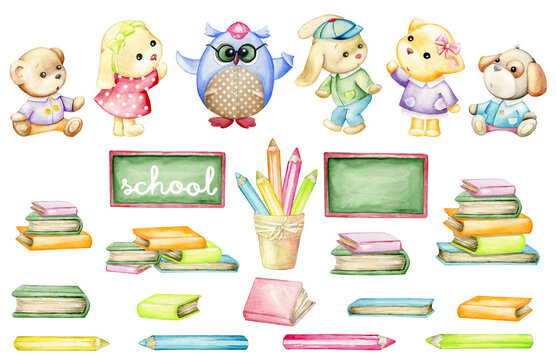 Bunny, dog, owl, cat, bear, book, pencil. Watercolor set, clip art, cartoon style, school theme.