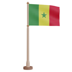 3D rendering waving Senegal flag on pole. PNG transparent background.