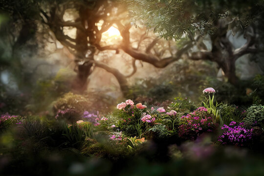 Paradise blooming garden. AI render © writerfantast