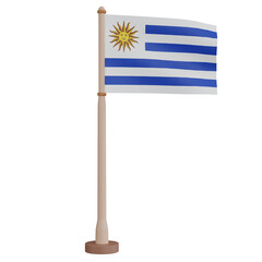 Fototapeta premium 3D rendering waving Uruguay flag on pole. PNG transparent background.