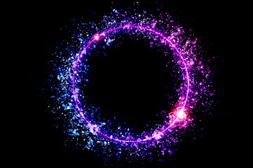 The circular frame is a neon light surrounded by sparkling stars.