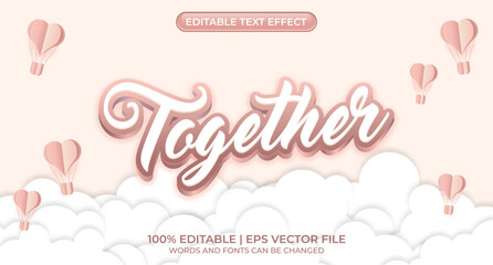 Fototapeta na wymiar Together editable text effect. Heart decoration text style effect. 3D heart editable text effect. Paper cut heart hot air balloon and white clouds. Vector illustration