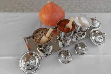 Traditional copper spice cruets