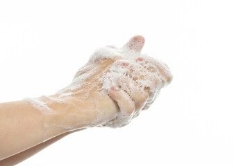 Woman washing nails on white background